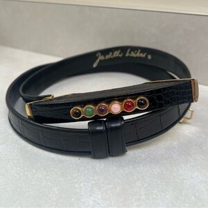 Vintage Judith Leiber Black Lizard Leather Belt Multi Jeweled Buckle Adjustable